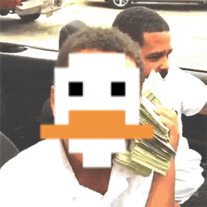 a man is holding a stack of money with a pixelated duck face behind him