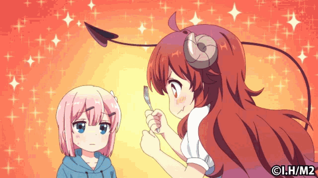 a girl with horns is holding a fork in front of another girl