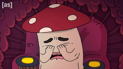 a cartoon drawing of a mushroom crying with the letters as visible