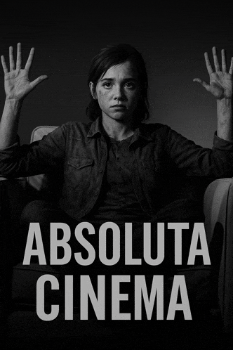 a woman sitting in a chair with her hands up and the words absoluta cinema below her