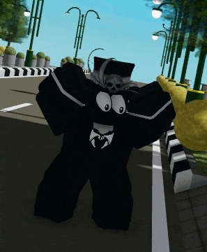 a cartoon character with a skull on his head is walking down the street