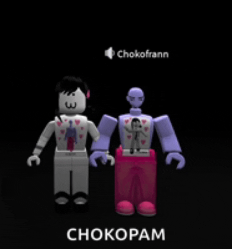 a couple of toy figures standing next to each other with chokofrann written in the corner
