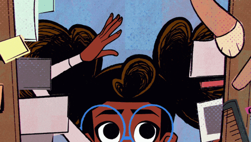 a cartoon drawing of a girl with glasses looking out a door