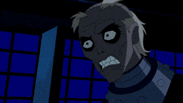 a cartoon character is standing in a dark room with a portal in the background
