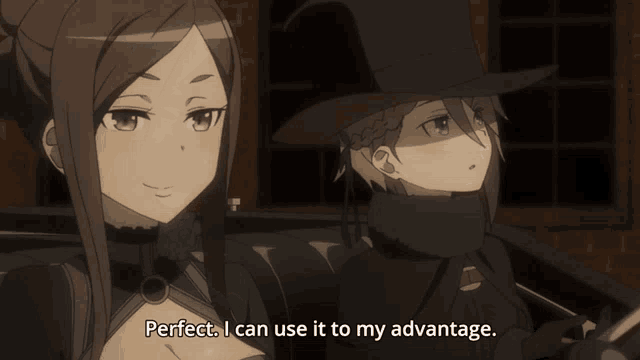 a couple of anime characters one of whom says perfect i can use it to my advantage