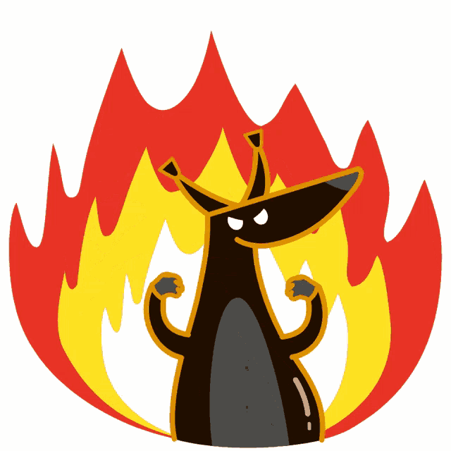 a cartoon drawing of a fox with a fire behind it