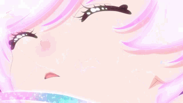a girl with pink hair and a rainbow around her