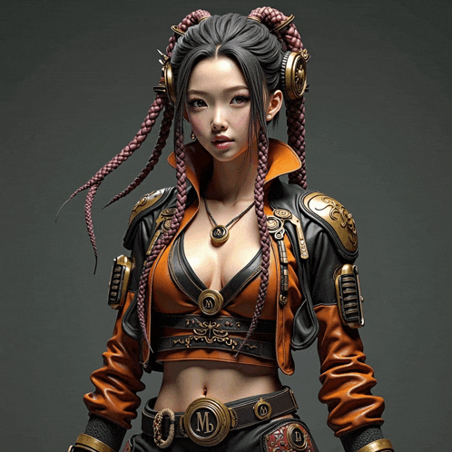 a woman with braids and a belt that has the letter m on it