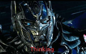 a picture of optimus prime from the movie transformers with the word thinking below him