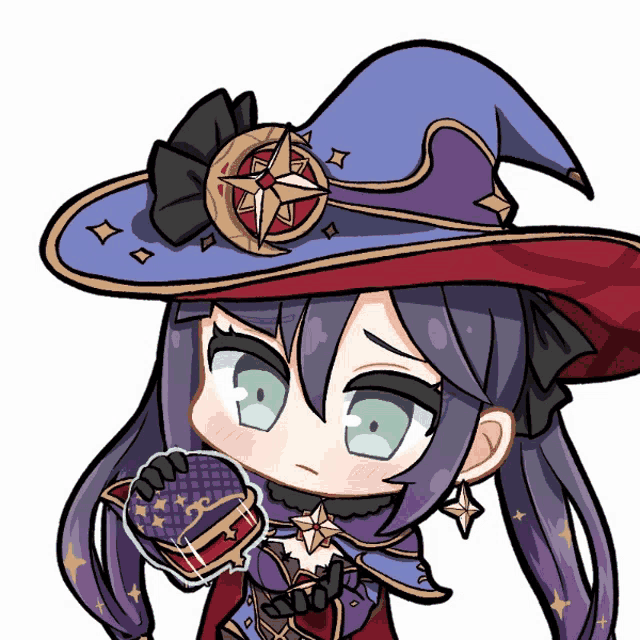 a cartoon drawing of a girl wearing a witch hat and holding a box