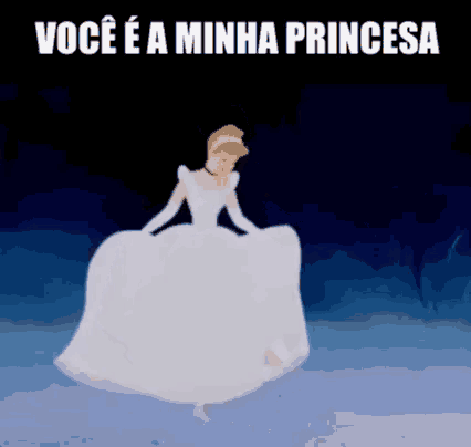 a cartoon of cinderella in a white dress dancing on a blue background .