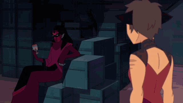 a cartoon character with the letter w on her back stands next to another character