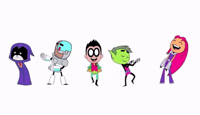 a group of cartoon characters are standing next to each other and dancing .