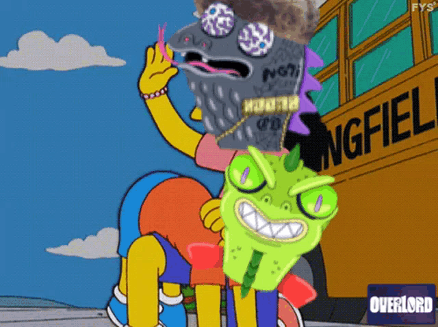 a cartoon of bart simpson carrying a monster in front of a school bus that says overlord