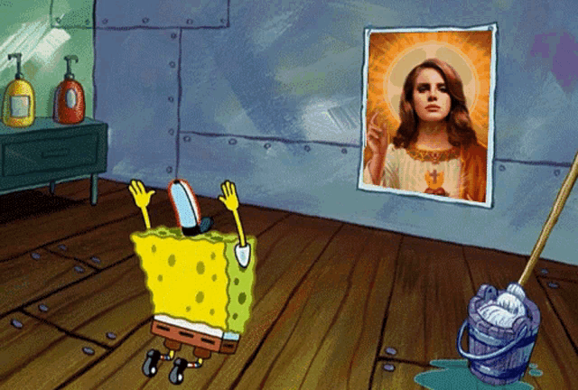 a cartoon of spongebob cleaning a room with a picture of lana del rey on the wall