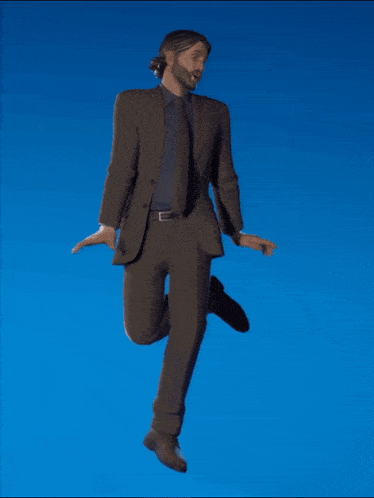 a man in a suit jumping in the air