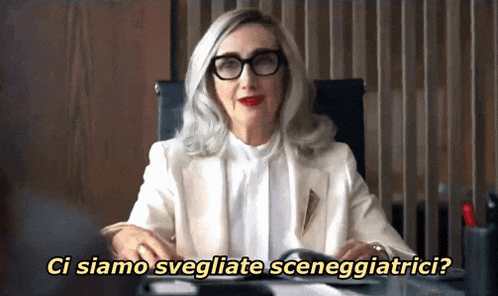 a woman is sitting at a desk with the words ci siamo svegliate sceneggiatrici above her
