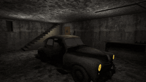a car is parked in a dark room with stairs