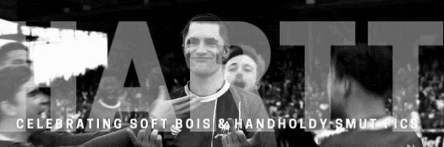a black and white photo with the words celebrating soft bois and handholdy smut pics on the bottom