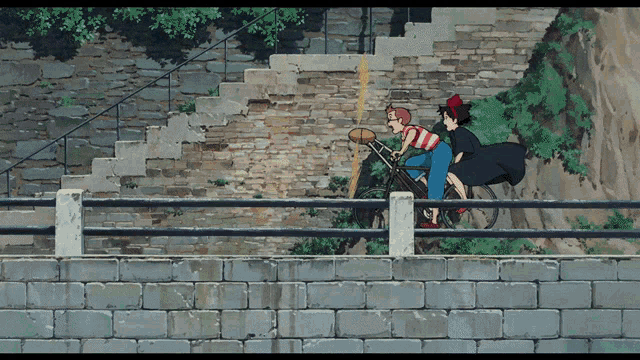 a cartoon of a witch riding a bicycle with a boy