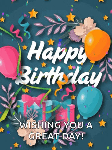 a happy birthday card with balloons and gifts