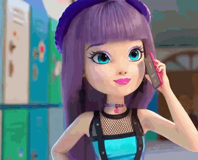 a doll with purple hair and blue eyes is talking on a cell phone