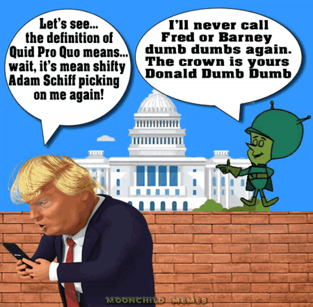 a cartoon of donald trump talking to a green alien while looking at his phone
