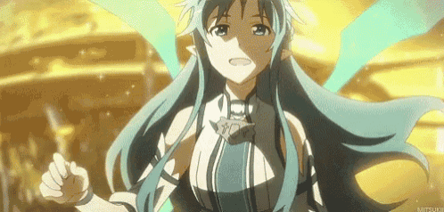 a girl with long blue hair and wings is standing in front of a gold background .