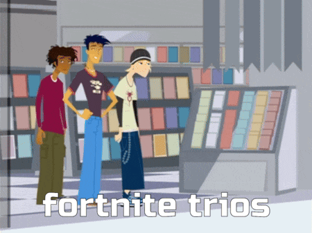 three cartoon characters are standing in a store with the words fortnite trios