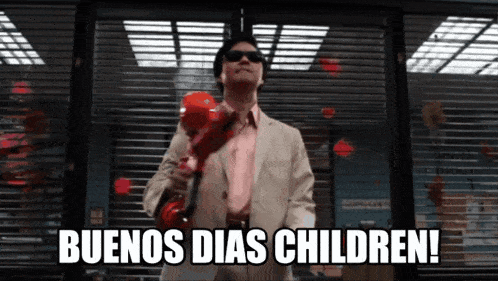 a man in a suit holding a red phone with the words buenos dias children written below him