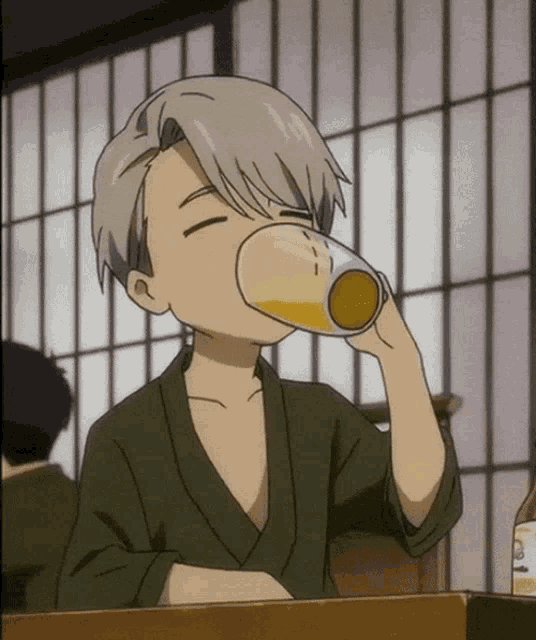 a cartoon character drinking a glass of beer with his eyes closed