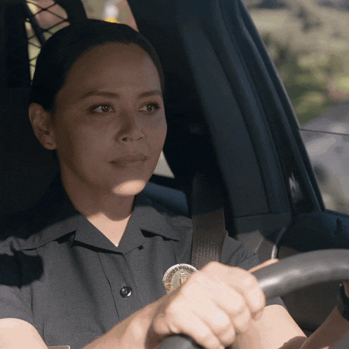 a woman in a police uniform is driving a vehicle