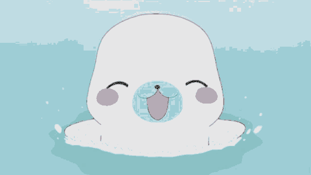 a white seal with a blue nose and pink cheeks