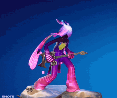 a cartoon character is holding a guitar and the word emote is on the bottom right