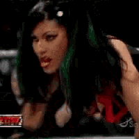 a blurred image of a woman in a wrestling ring with a wwe logo in the background