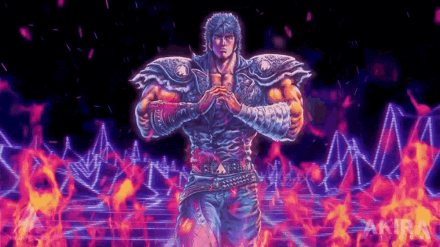 a cartoon of a man standing in front of flames with the word akira in the corner