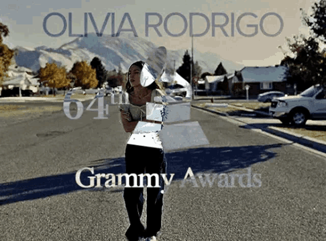 a poster for the 64th grammy awards with olivia rodrigo on it