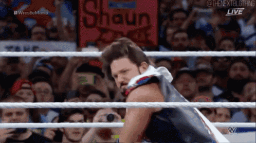 a wrestler in a wrestling ring with a sign that says shaun on it