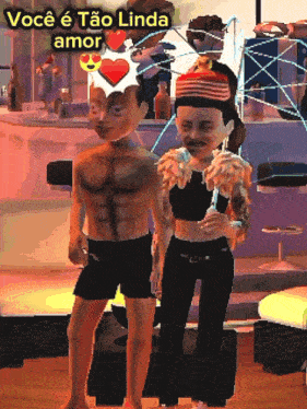 a couple of cartoon characters standing next to each other with the words " você é tão linda amor " written above them