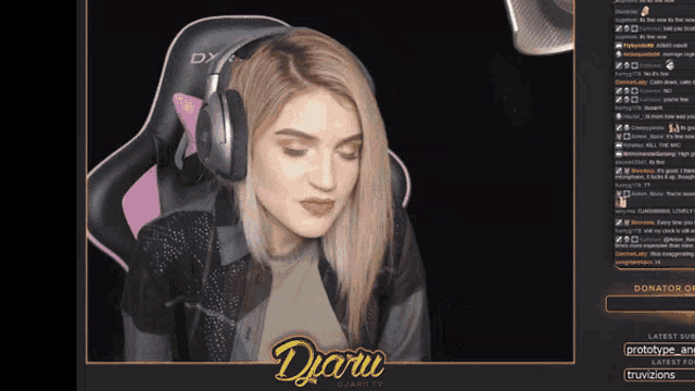 a woman wearing headphones is sitting in front of a microphone on a screen that says djaru