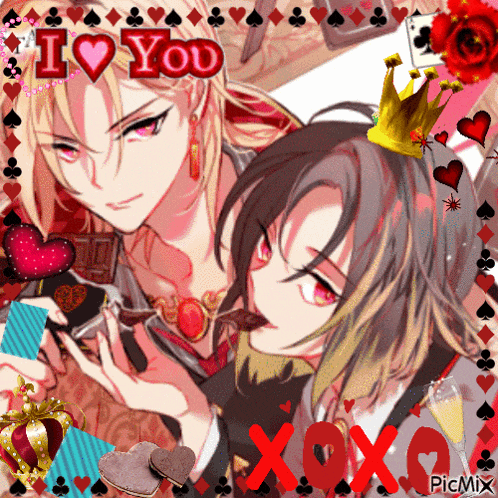 a picture of two anime characters with hearts and the words i love you