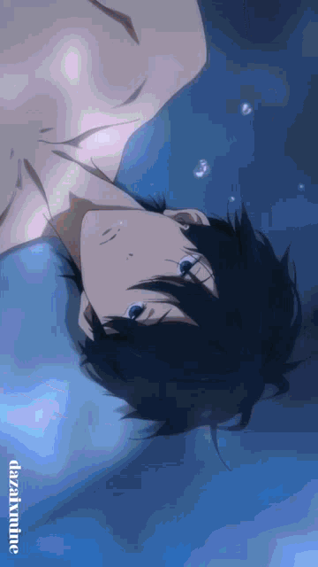 a cartoon of a boy laying on his back in the water with the words " elizakumine " below him