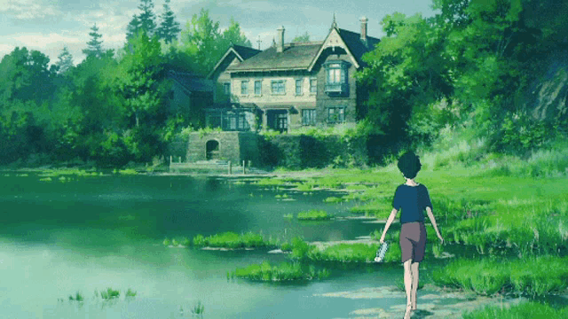 a girl is walking towards a house in the woods near a lake