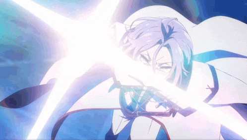 a woman with purple hair is holding a sword in her hand