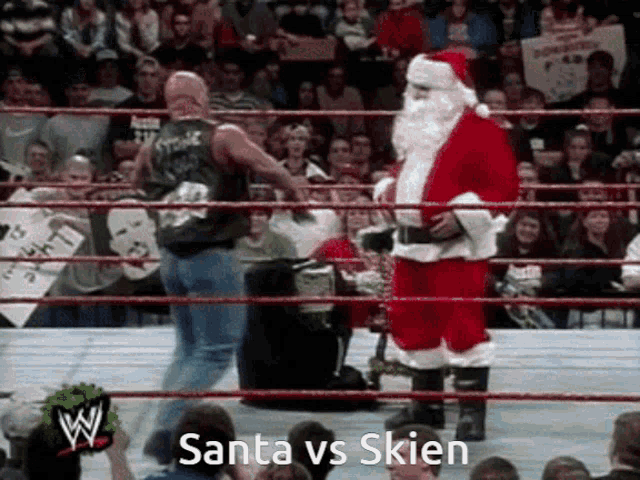 a wrestling match between santa and skien with the words santa vs skien on the bottom