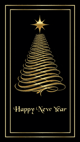 a happy new year card with a gold christmas tree and a star