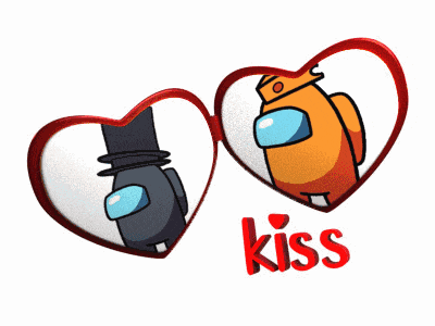 two among us characters are kissing each other in heart shaped frames