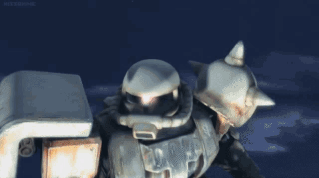 a close up of a robot with the word missile on the bottom left