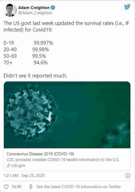 the us govt last week updated the survival rates ( i.e. , if infected ) for covid19 .