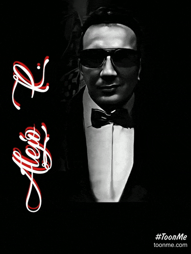 a black and white photo of a man in a tuxedo and bow tie with the name alejo on the bottom